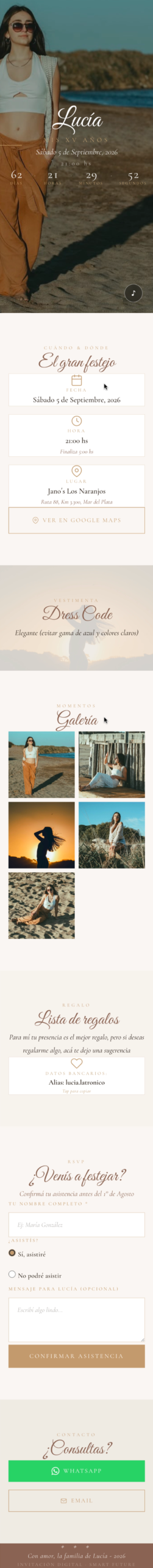 Ejemplo de invitación digital MisXV para los XV de Lucía, con cuenta regresiva y música de fondo personalizada